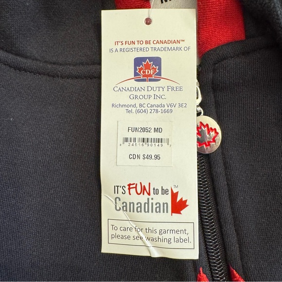 It's Fun To Be Canadian Hoodie Sz Medium Red Black White Full Zip Drawstring NEW - Picture 13 of 16
